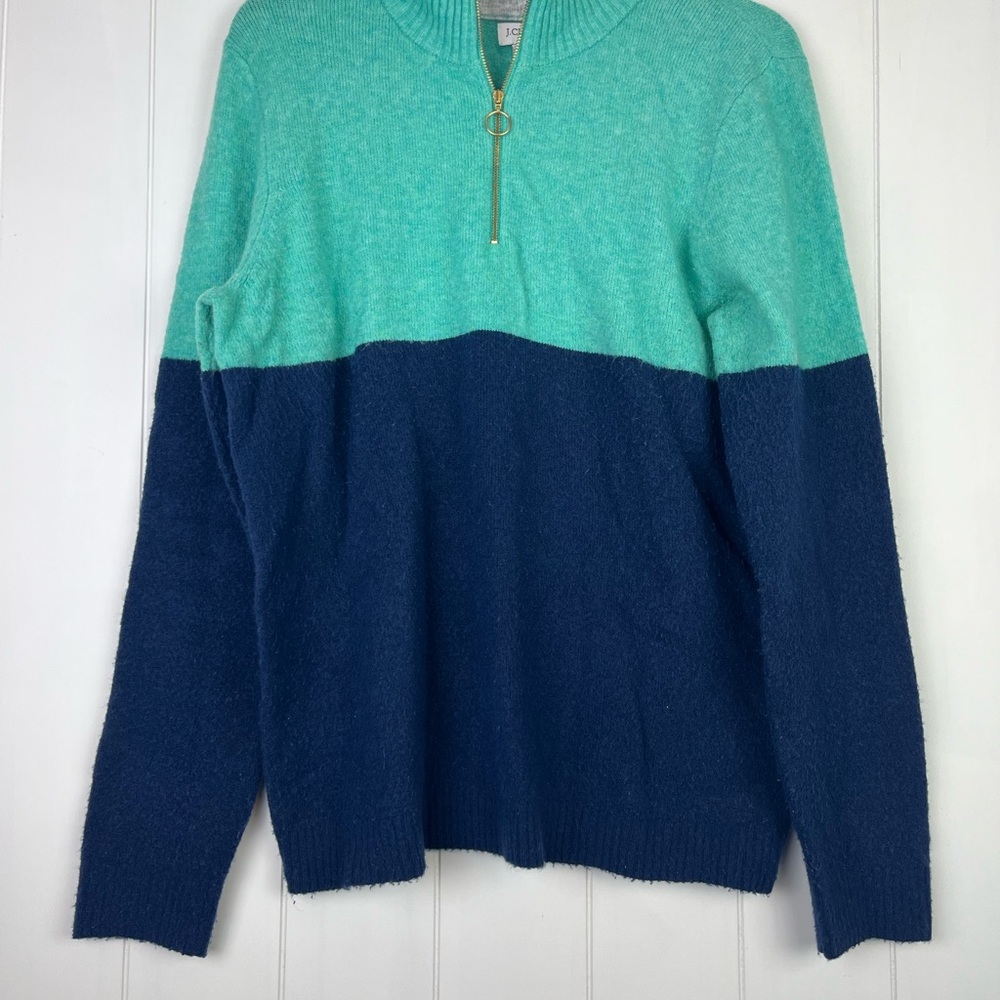 J. Crew Colorblock Zip-Up Sweater in Teal and Navy in extra soft yarn
